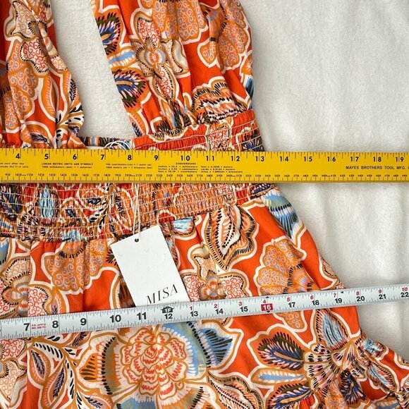 Misa Tula Mini Dress‎ Tangerine Flora Halter Neck Cotton Backless Ruffle L NWT - Picture 12 of 15